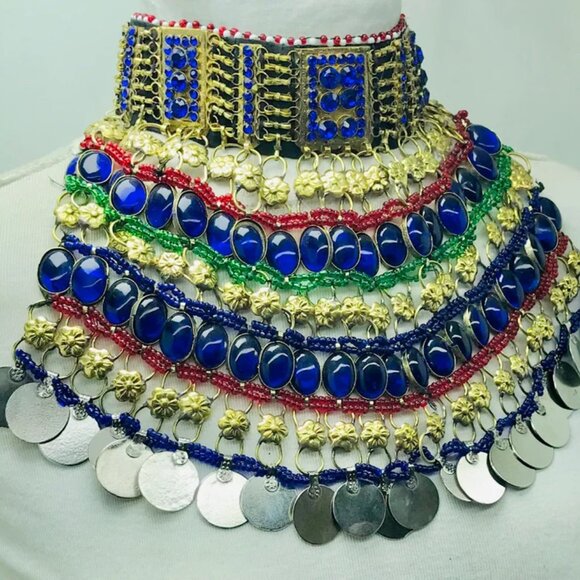 Blue Stone Beads Choker Necklace, Afghan Tribal Choker Necklace, Boho Statement - Picture 4 of 11